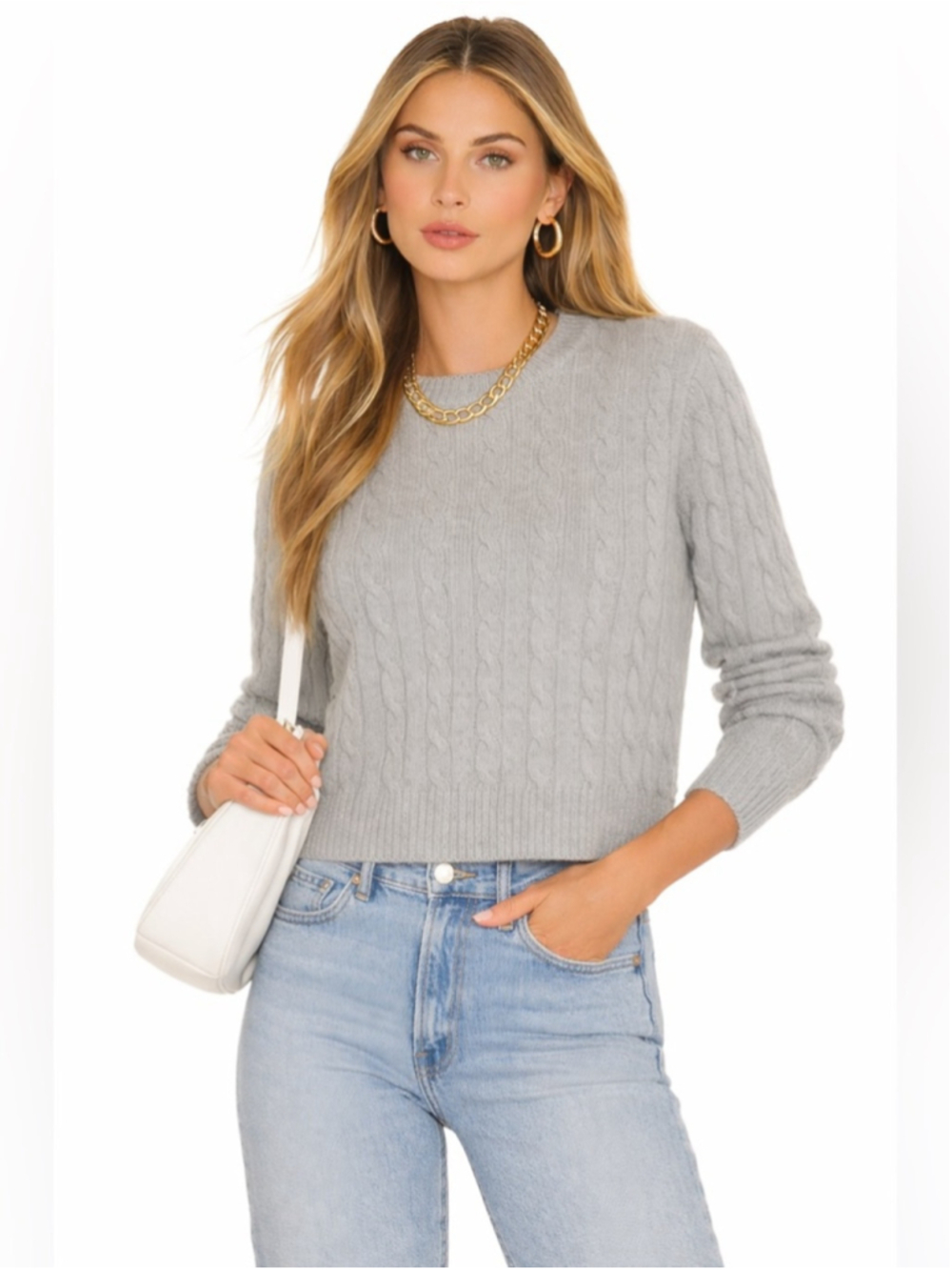 Brandy Melville Grey Cable Knit Sweater Italian Wool Blend Classic Crew Neck
